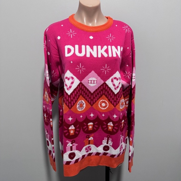 Dunkin' Donuts Winter Holiday Christmas Pink Orange Ugly Sweater Large Present - Picture 1 of 5
